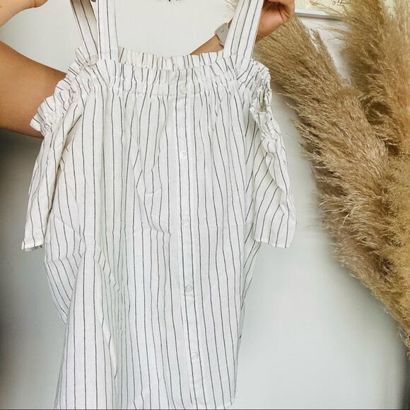 LUMIERE Black White Pin Stripes Cold Off Shoulder Tank Top Shirt Blouse L - Picture 8 of 9